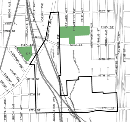 Chatham Ridge TIF district, expired in 2010, roughly bounded on the north by 81st Street, 87th Street on the south, the Dan Ryan Expressway on the east, and Vincennes Avenue at Wallace Street on the west.
